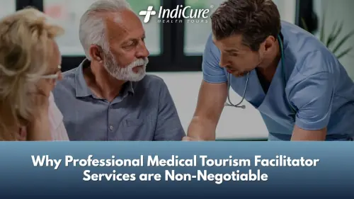 IndiCure banner image showing a doctor consulting with an older couple representing healthcare coordination. Title: What is a Medical Tourism Facilitator? IndiCure banner image showing a doctor consulting with an older couple representing healthcare coordination. Title: What is a Medical Tourism Facilitator?